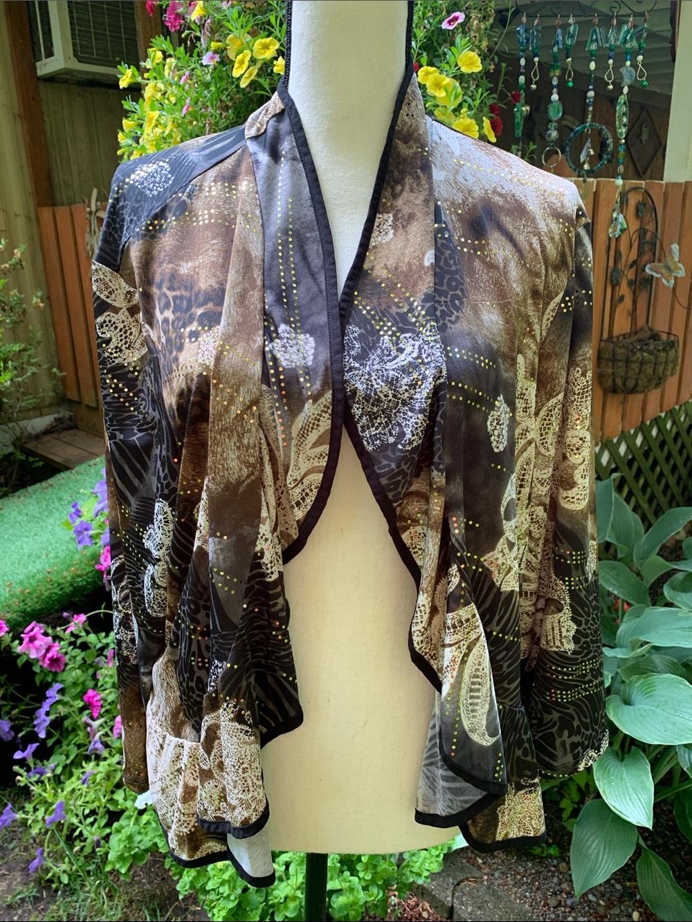 Come N See Brown & Black Patterned Sheer Open Front Cardigan.